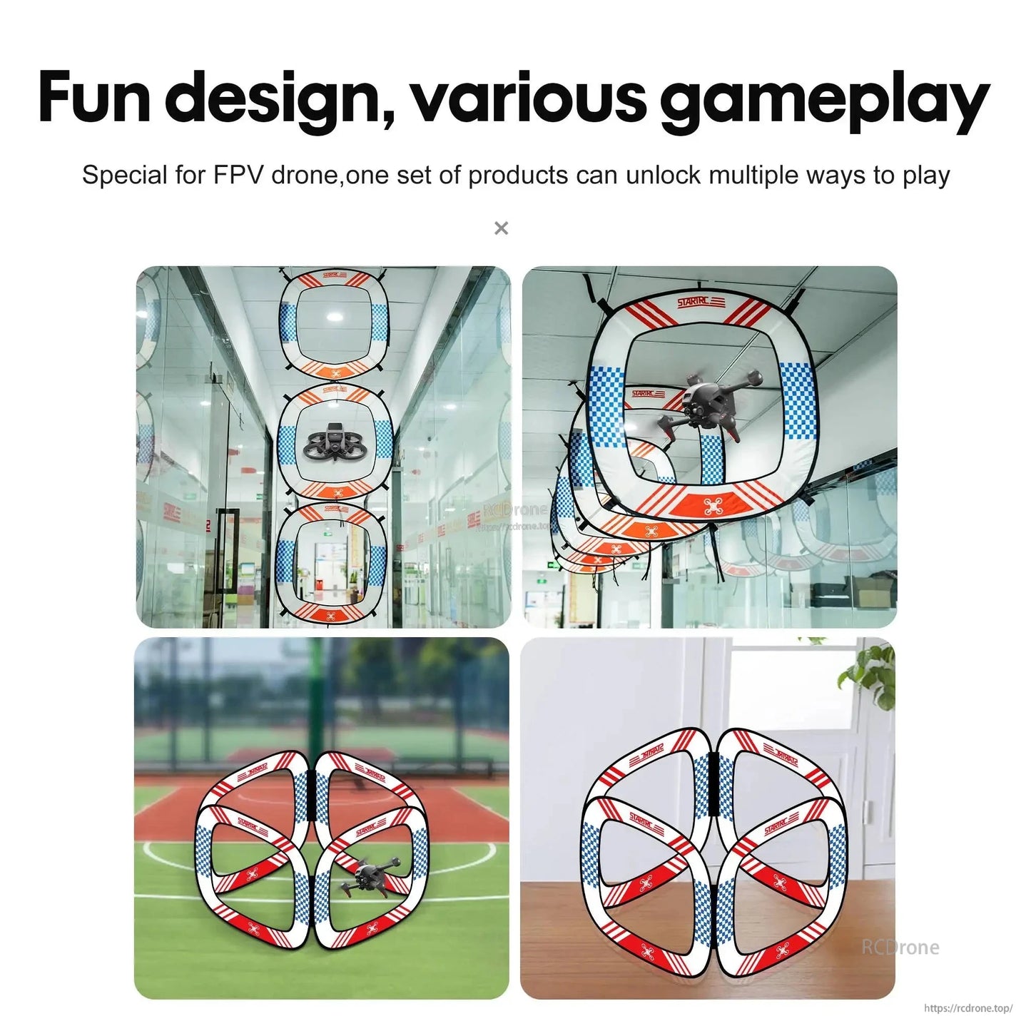 Foldable, portable race gates for DJI Avata 2 with fun design, enabling customizable FPV drone obstacle courses and diverse gameplay.