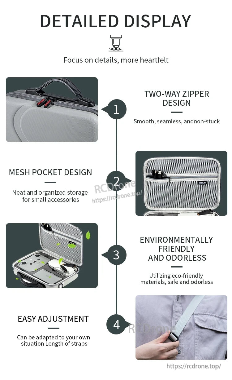 StartRC Portable Storage Bag, Features include two-way zipper, mesh pocket, eco-friendly odorless materials, and adjustable straps for comfort, organization, and ease of use.