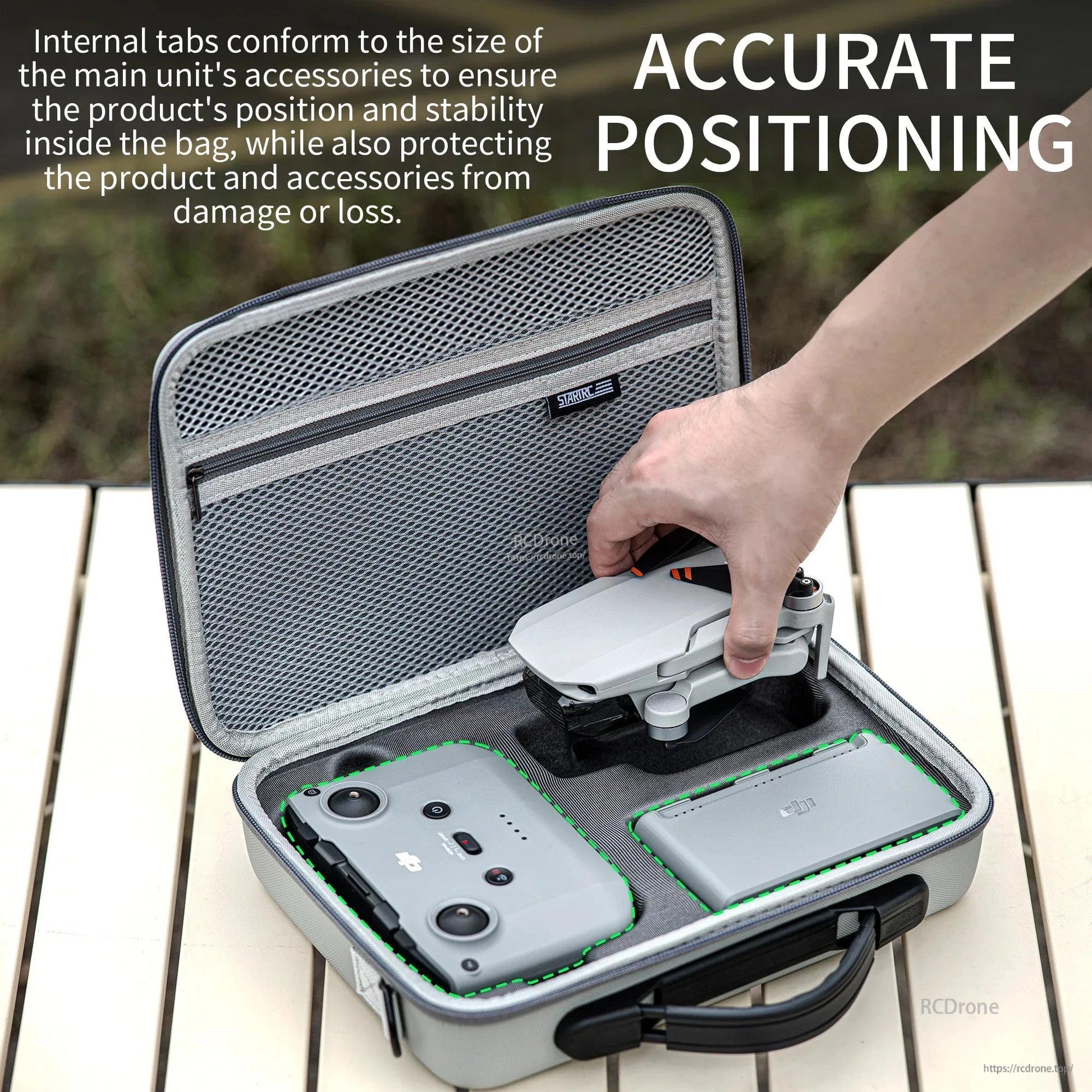 StartRC Portable Storage Bag, Internal tabs secure DJI Mini drone and accessories, ensuring precise positioning, stability, and protection against damage or loss during travel.