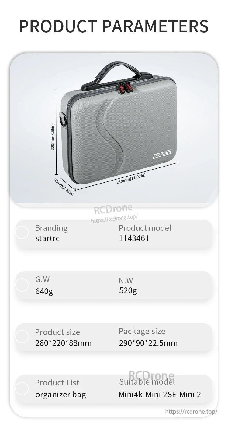 StartRC Portable Storage Bag, Compact 280×220×88mm StartRC bag (520g) fits Mini 4K, Mini 2SE, Mini 2 drones; includes organizer compartment for easy access and transport protection.