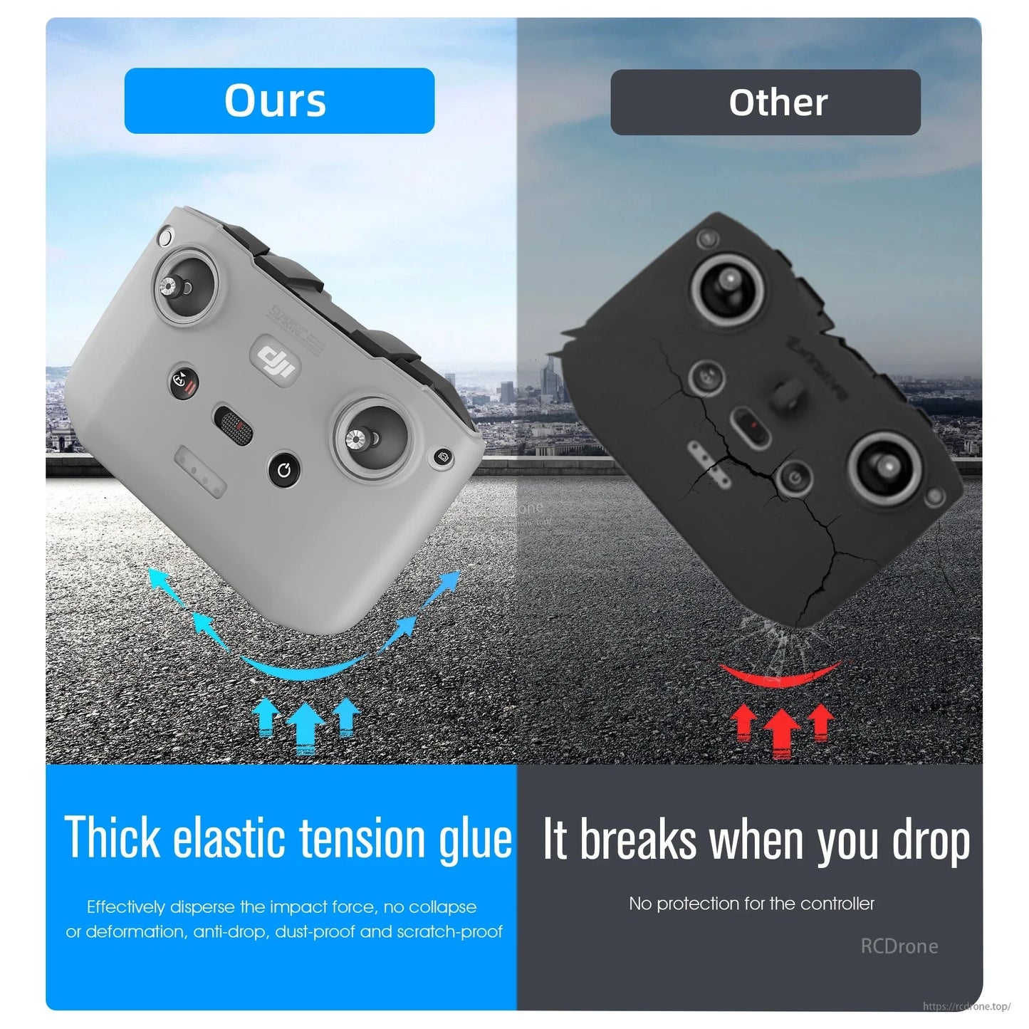 StartRC Remote Controller Protective Cover, Thick elastic glue shields controller, absorbs impact, prevents damage; other materials break easily when dropped, offering no protection. (24 words)