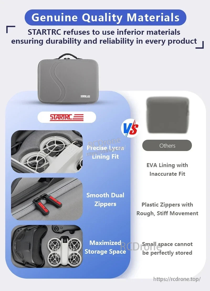 StartRC STARTRC Travel Shoulder Bag, STARTRC uses premium materials like Lycra lining, dual zippers, and ample storage; competitors use inferior EVA, plastic zippers, and offer less space.