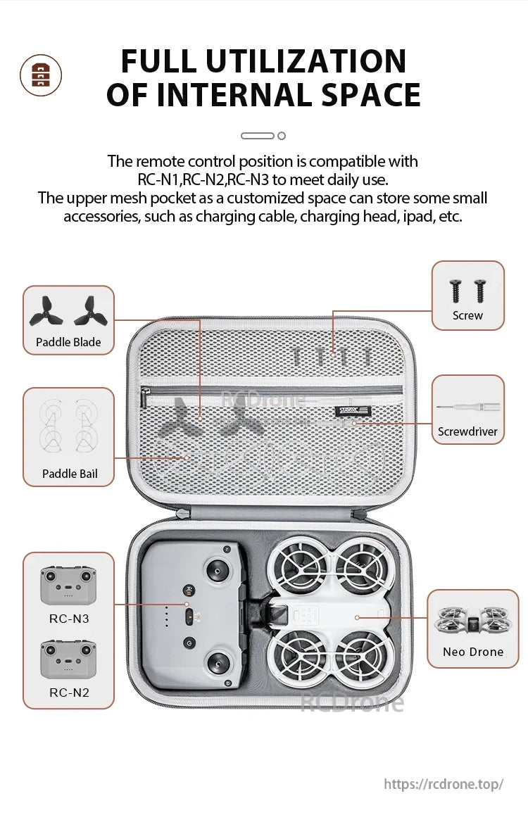StartRC Shoulder Bag, Maximizes internal space, fits Neo Drone, accessories, and iPad; compatible with RC-N1, RC-N2, RC-N3 models; includes storage for controls, blades, screws, tools, and cables.