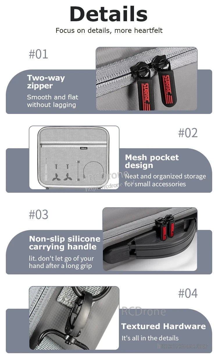 StartRC Shoulder Bag, The bag features a smooth two-way zipper, mesh pockets for organization, and a non-slip handle to prevent dropping.