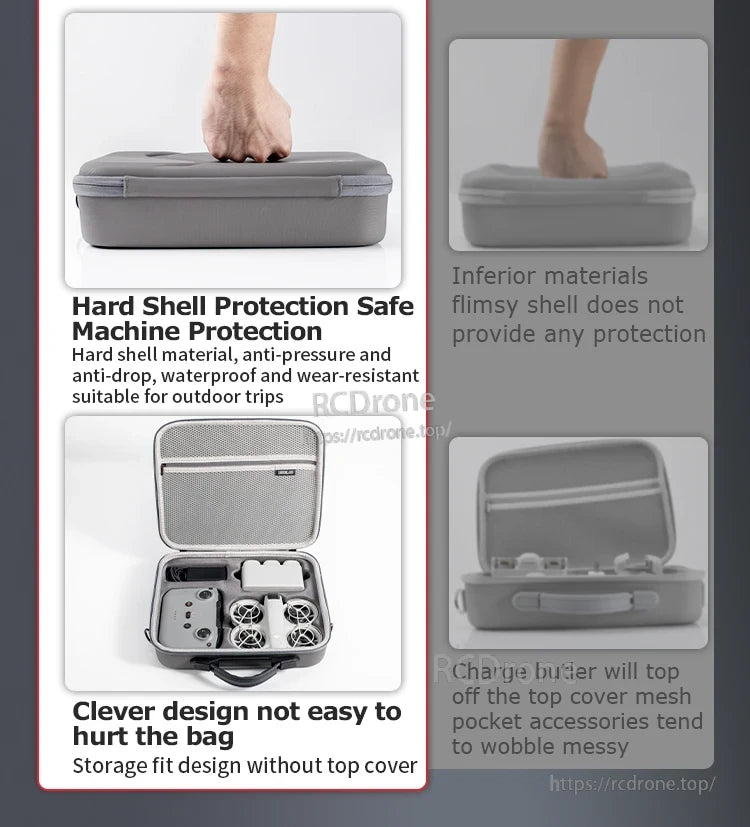 StartRC Shoulder Bag, Durable, waterproof hard shell protects drone; clever design ensures secure storage. Inferior materials offer poor protection and unstable accessories.