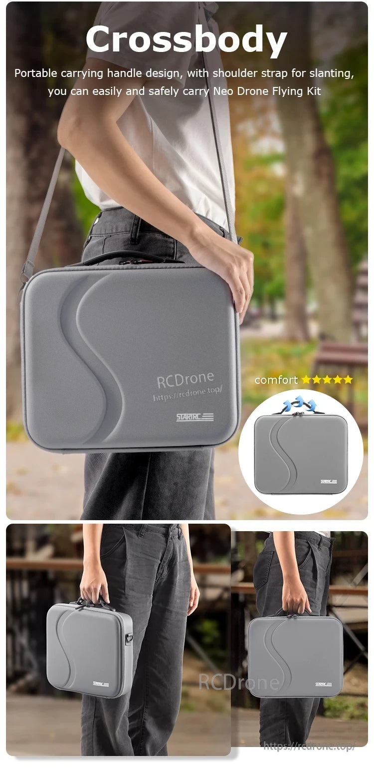 StartRC Shoulder Bag, Comfortable crossbody bag with handle and shoulder strap, ideal for carrying the Neo Drone Flying Kit. Rated five stars for ease of use and comfort. (24 words)