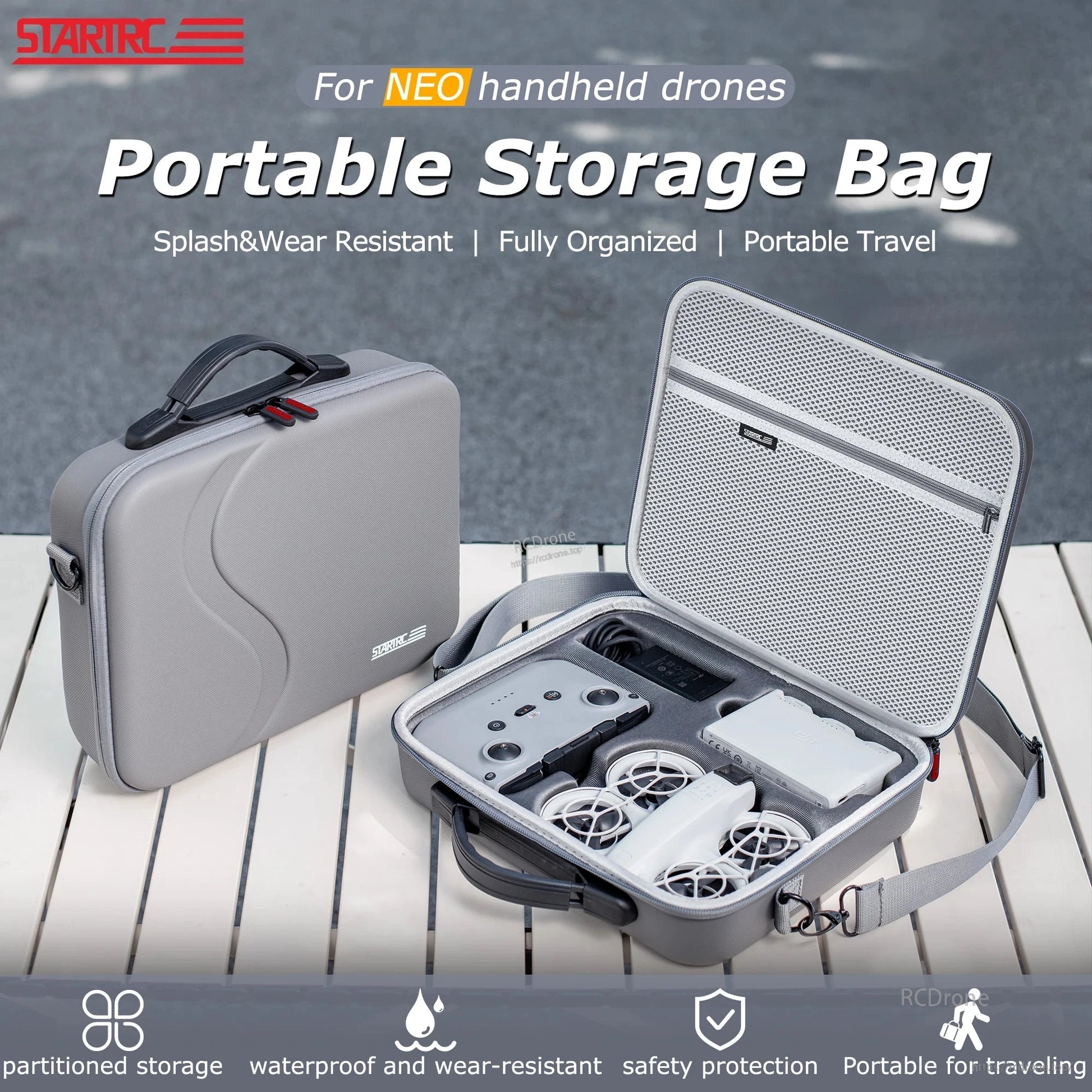 StartRC Shoulder Bag, Portable storage case for DJI Neo with splash-proof PU hard shell and Type-1/Type-2 travel options.
