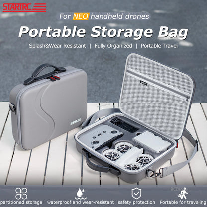 StartRC Shoulder Bag, Portable storage case for DJI Neo with splash-proof PU hard shell and Type-1/Type-2 travel options.