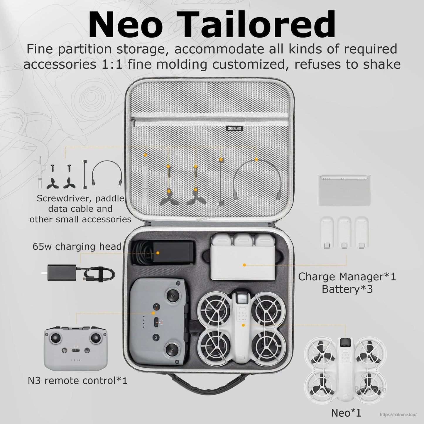 StartRC Shoulder Bag, Neo storage case for DJI drone: splash-proof PU hard shell, organized compartments for drone, remote, batteries, charger, and accessories.