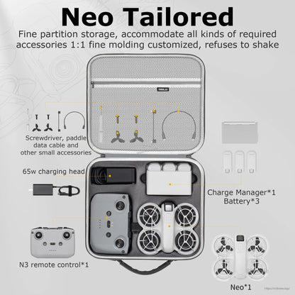 StartRC Shoulder Bag, Neo storage case for DJI drone: splash-proof PU hard shell, organized compartments for drone, remote, batteries, charger, and accessories.