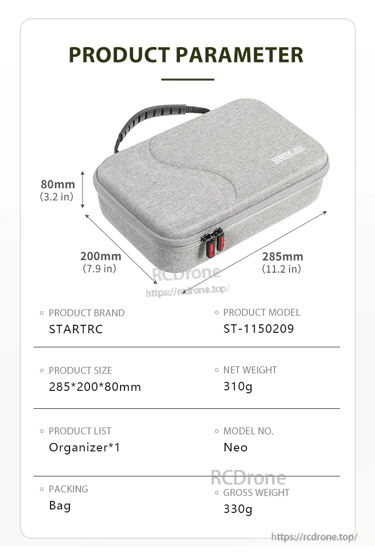 The StartRC Shoulder Bag has dimensions of 285mm x 11.2in, weighing 310g net and 330g gross.
