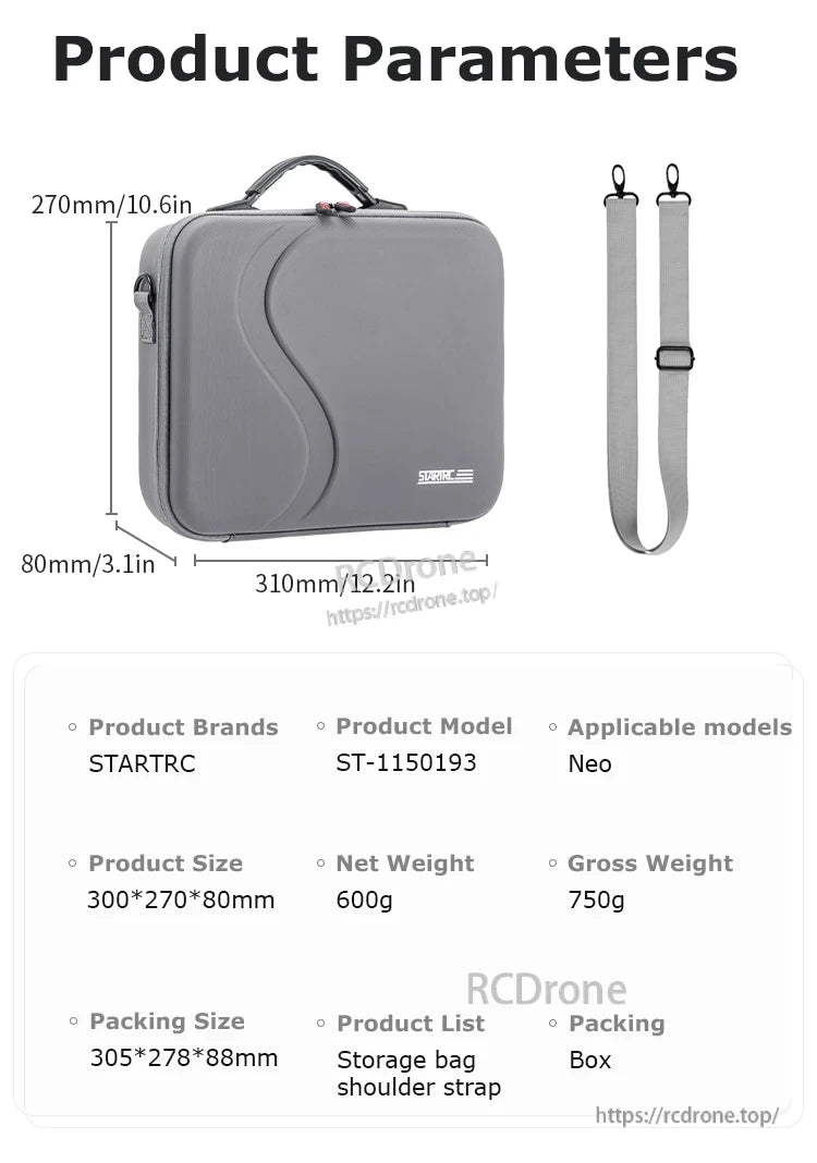 StartRC Shoulder Bag, StartRC ST-1150193 shoulder bag for Neo drones, 300×270×80mm, 600g, includes storage bag and strap, box-packed.