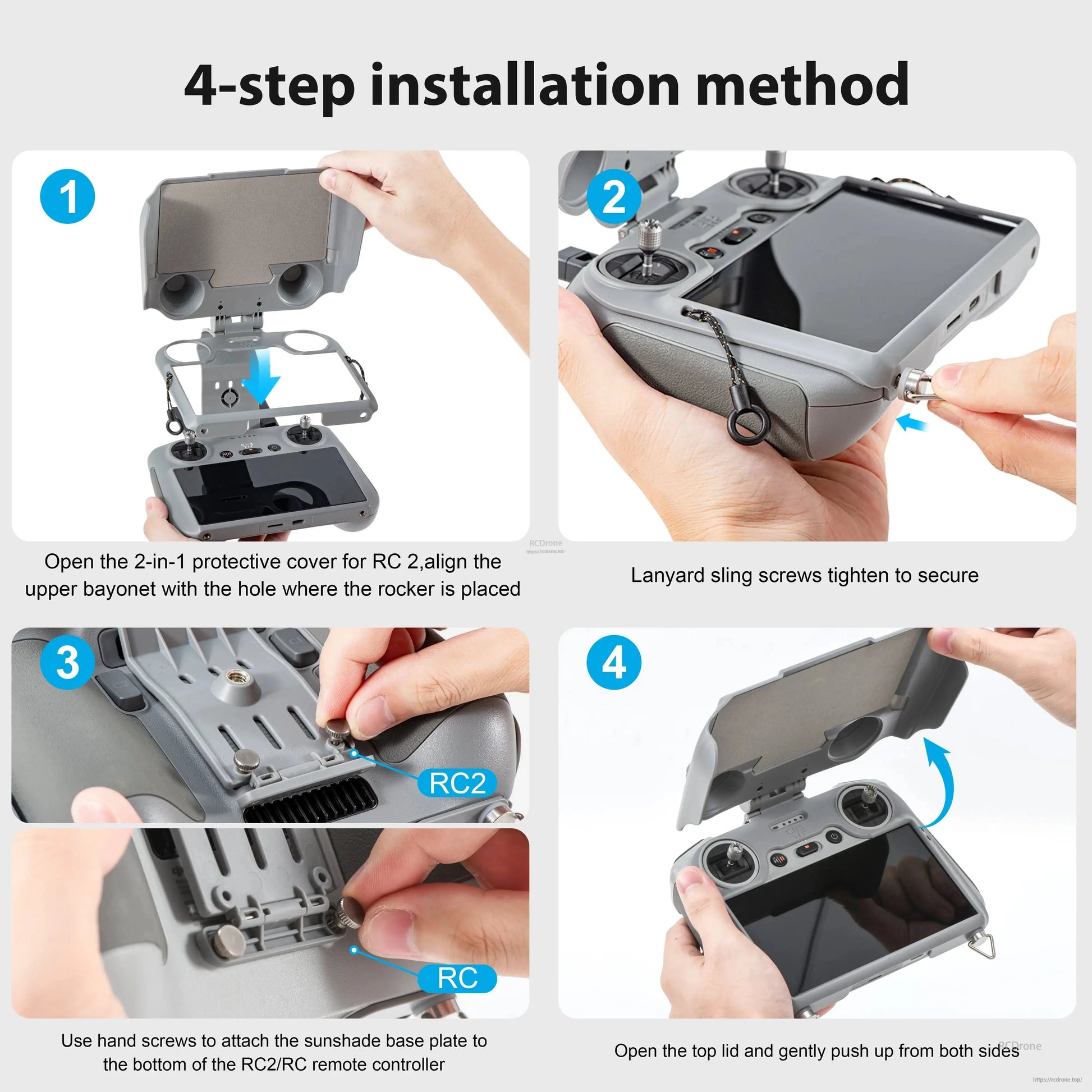 Easy 4-step install: align, secure, attach base, open lid. Includes shade, protector, lanyard. Fits Mini 4 Pro, Mini 3, Air 3.
