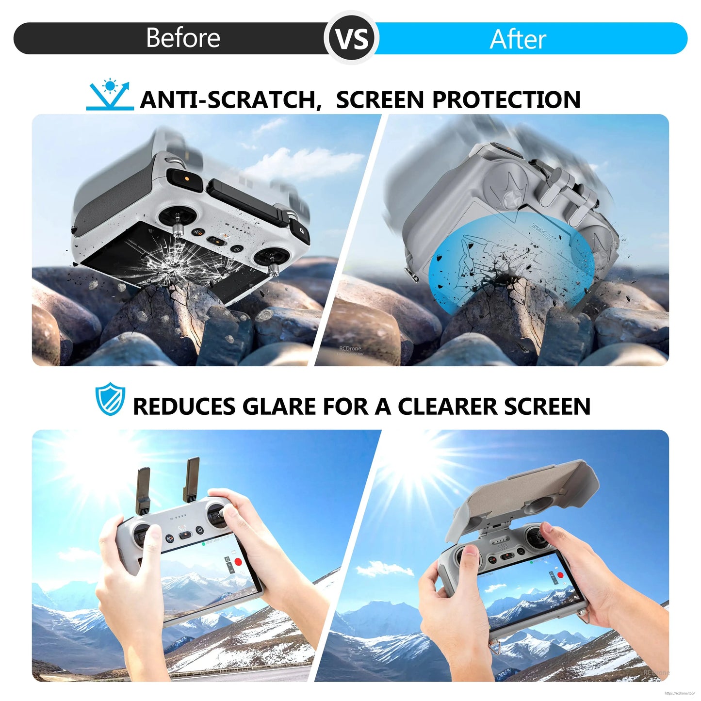 Scratch-resistant screen protection reduces glare, provides adjustable shade, and includes a lanyard for clearer viewing. (18 words)