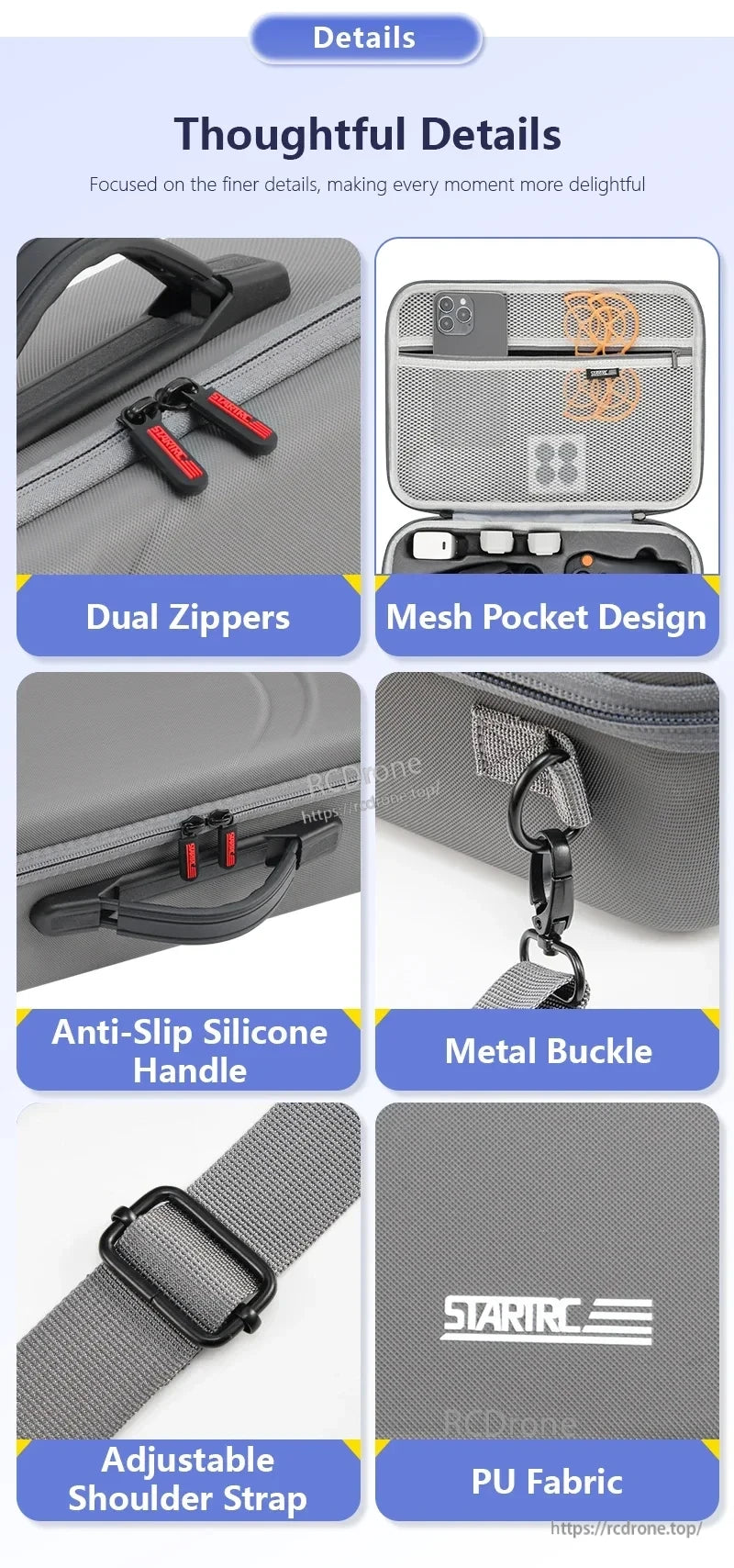 StartRC STARTRC Travel Shoulder Bag, Dual zippers, mesh pockets, silicone handle, metal buckle, adjustable strap, PU fabric.