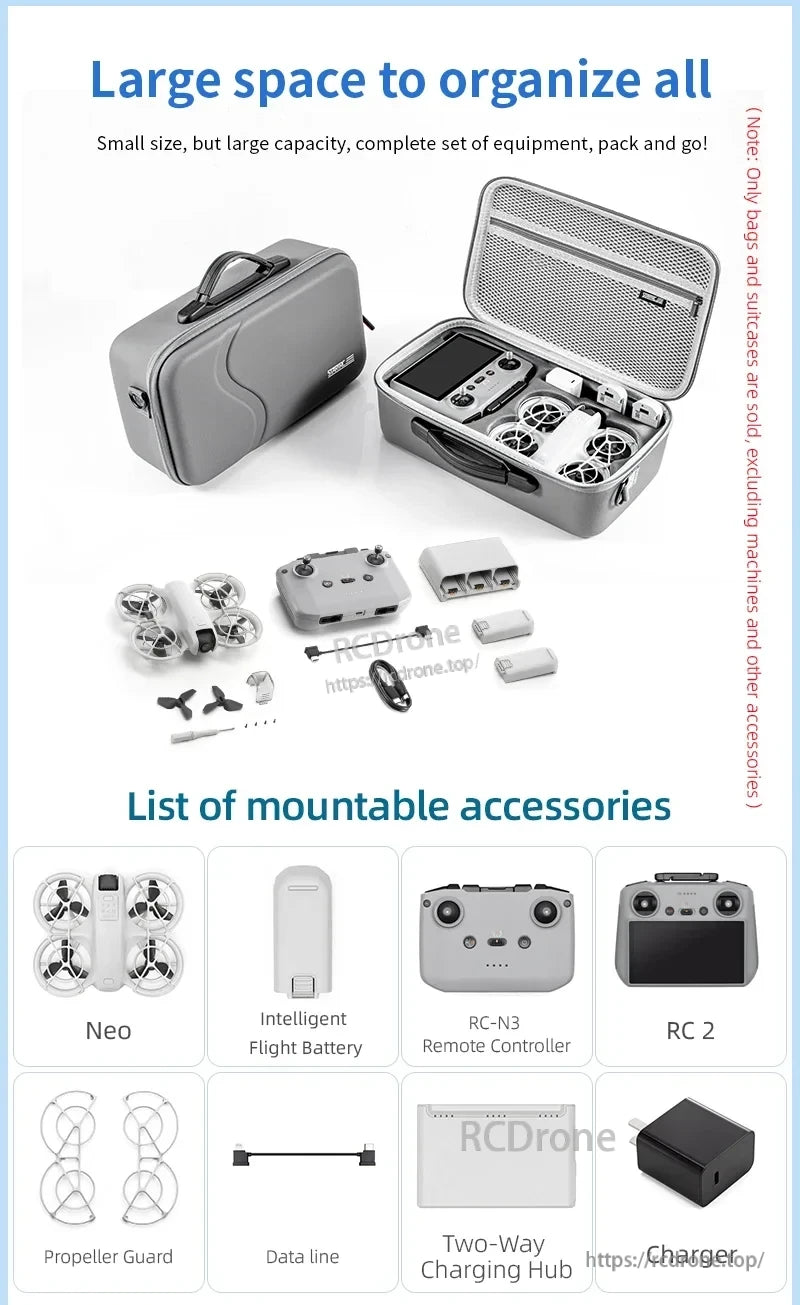 StartRC STARTRC Travel Shoulder Bag, Compact, high-capacity travel case for drones and accessories, includes Neo drone, controllers, battery, charger, propeller guards, data line, and charging hub.