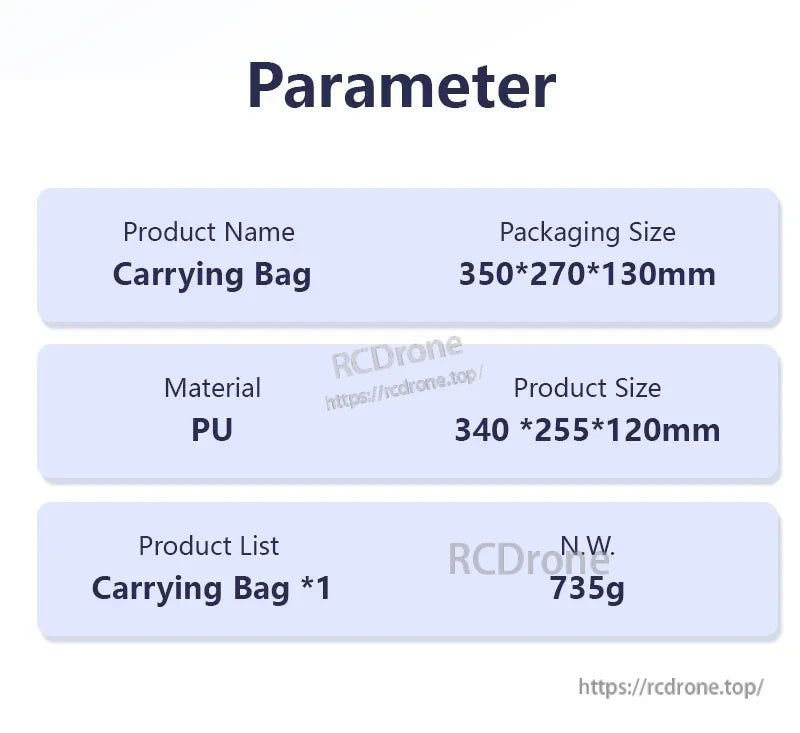 StartRC STARTRC Travel Shoulder Bag, PU carrying bag, 340×255×120mm, weighs 735g; packaging size 350×270×130mm.