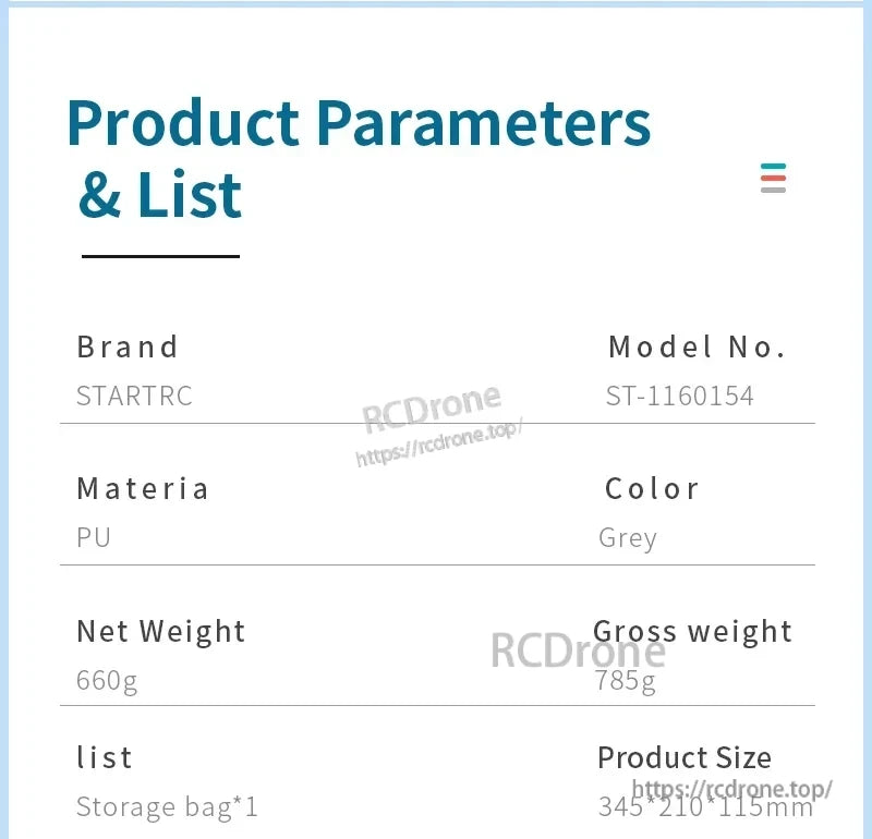 StartRC STARTRC Travel Shoulder Bag, STARTRC ST-1160154 grey PU shoulder bag, 660g, 345×210×115mm, includes storage bag.