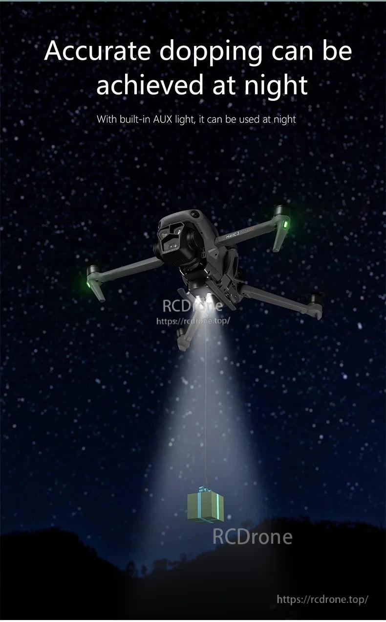 StartrC 3‑in‑1 Airdrop, Drone accurately delivers package at night using built-in AUX light, illuminating its path under a starry sky.