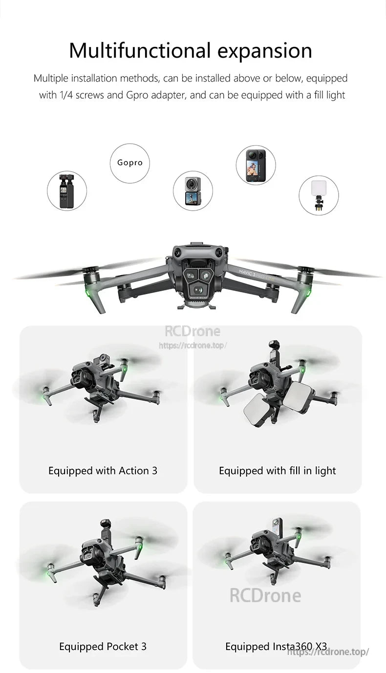 StartrC 3‑in‑1 Airdrop, Drone expansion supports GoPro, Action 3, Pocket 3, Insta360 X3, and includes fill light for enhanced multifunctionality.