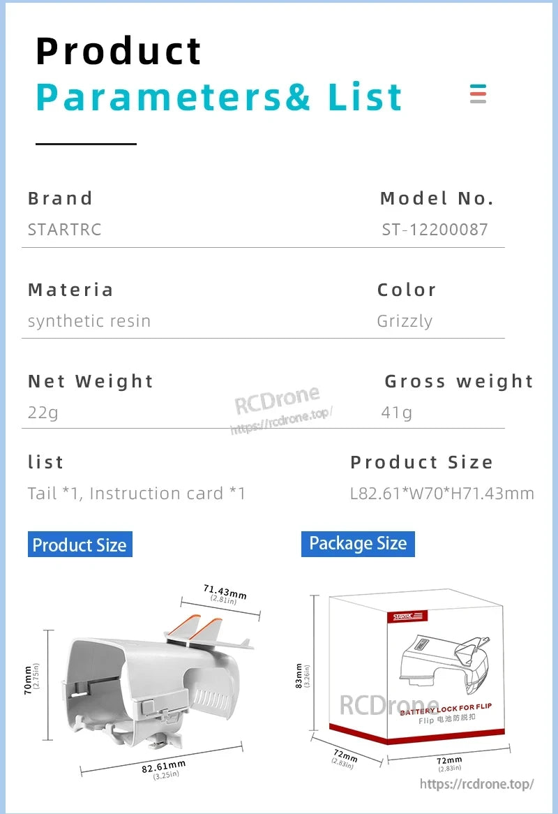 Startrc DJI Battery Buckle, STARTRC ST-1220087 battery lock for Flip drones; synthetic resin, Grizzly color, 22g net weight; precise, lightweight design ensures secure fit and optimal performance.