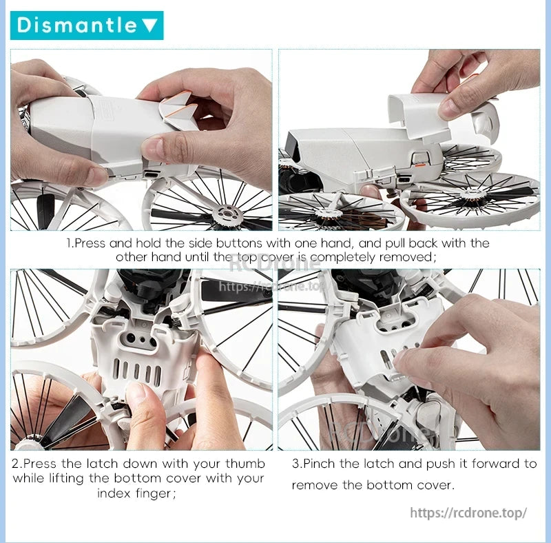 Startrc DJI Battery Buckle, Press side buttons, remove top cover; press latch, lift and pinch to slide off bottom cover.