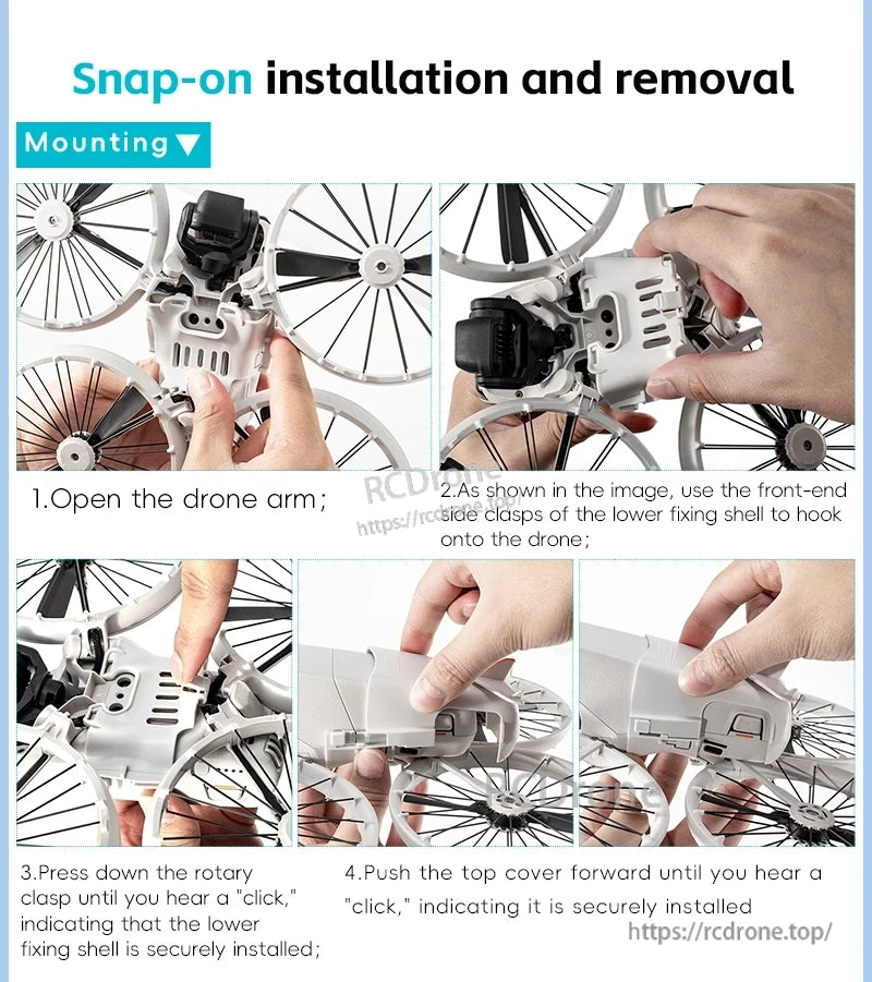 Startrc DJI Battery Buckle, Install DJI battery buckle by opening drone arm, hooking lower shell, pressing clasp until click, then pushing top cover forward until it clicks.