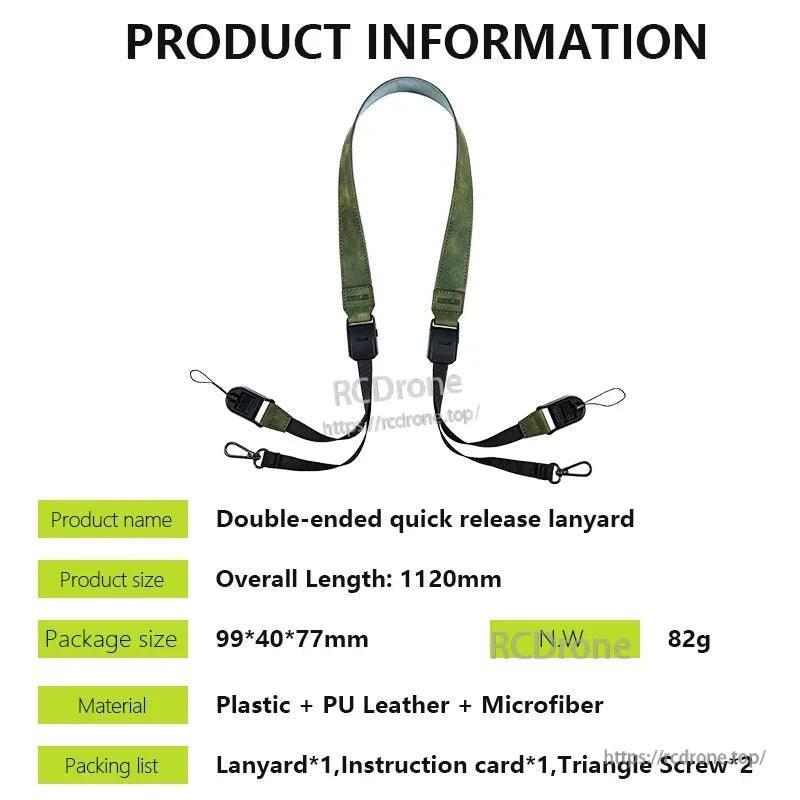 Startrc DJI RC Lanyard, Double-ended quick release lanyard, 1120mm, 82g, plastic/PU leather/microfiber, includes lanyard, instructions, and two triangle screws.