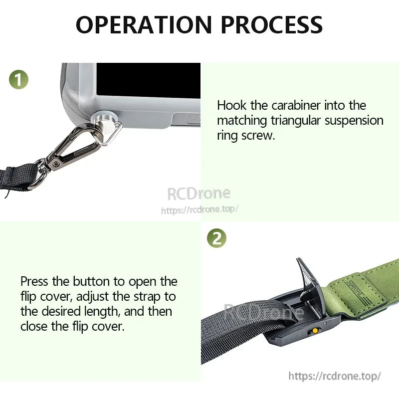 Startrc DJI RC Lanyard, Hook carabiner to triangular screw, adjust strap length via flip cover.