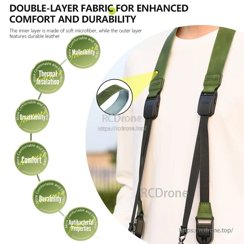 Startrc DJI RC Lanyard, Double-layer fabric combines soft microfiber and durable leather, offering comfort, insulation, breathability, durability, malleability, and antibacterial properties.