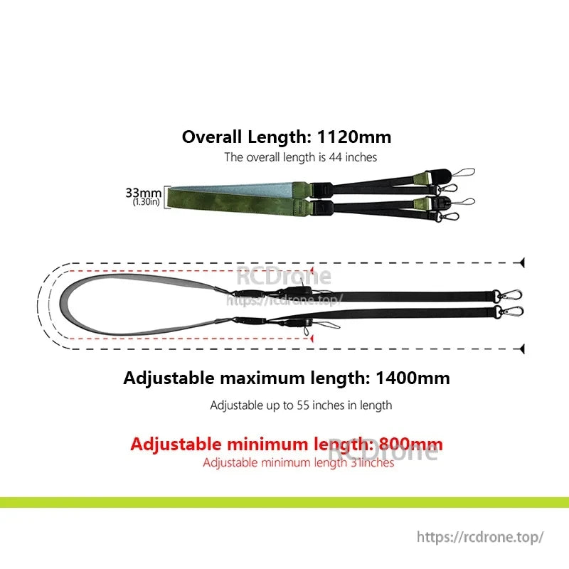 Startrc DJI RC Lanyard, Adjustable 800–1400mm (1120mm overall), 33mm wide, featuring dual straps and metal hooks.