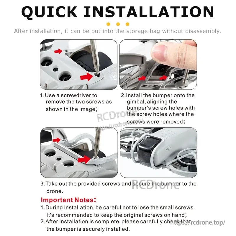 Startrc Drone Lens Protector, Install drone lens protector by removing screws, aligning bumper, and securing with provided screws. Keep originals; ensure bumper is firmly attached.