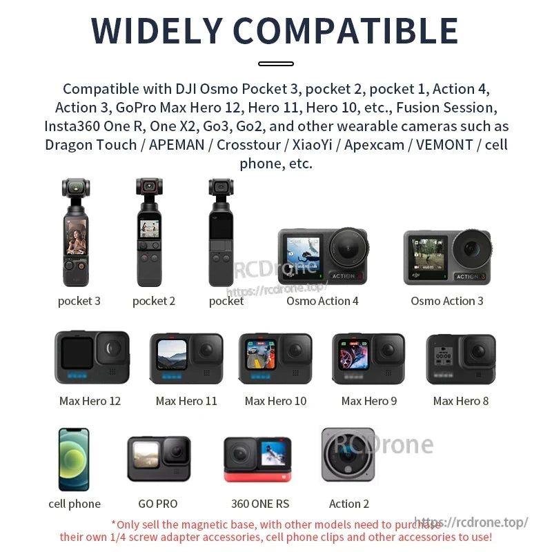 Startrc Insta360 GO3 Camera Mount, Compatible with various action cameras and phones; magnetic base sold separately—adapters needed for some models.