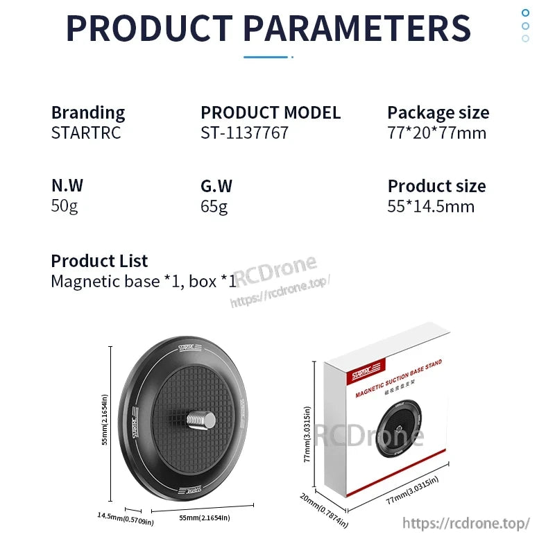Startrc Insta360 GO3 Camera Mount, STARTRC ST-1137767: compact 55×14.5mm, 50g drone with magnetic base (65g gross), screw center, white-red box (77×20×77mm); includes one base and one box.