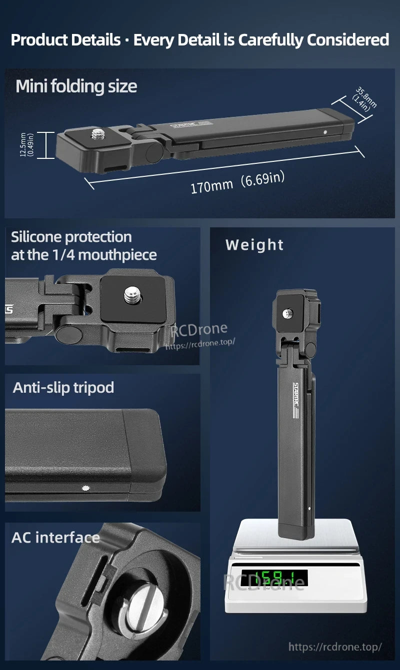 Startrc Mavic Folding Tripod, Compact 170mm, 159.1g mini folding tripod with silicone protection, anti-slip feet, and AC interface for secure, portable drone use.