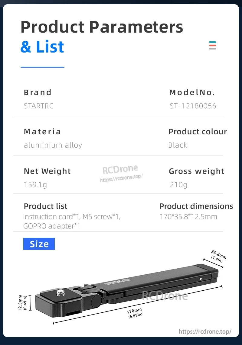Startrc Mavic folding tripod, aluminum alloy, black, 159.1g, 170×35.8×12.5mm, includes instructions, M5 screw, and GOPRO adapter.