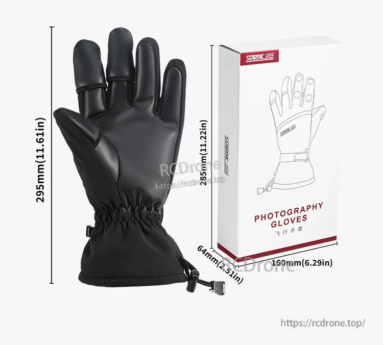 Startrc V2 Drone Pilot Gloves, Startrc black photography gloves with size and packaging information.