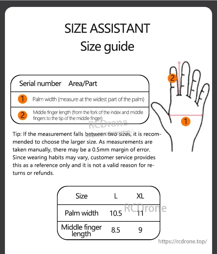 Startrc V2 Drone Pilot Gloves, Measure palm and finger length. Size L: 10.5cm palm, 8.5cm finger; XL: 11cm palm, 9cm finger. Choose larger if between sizes. 0.5mm measurement error possible.