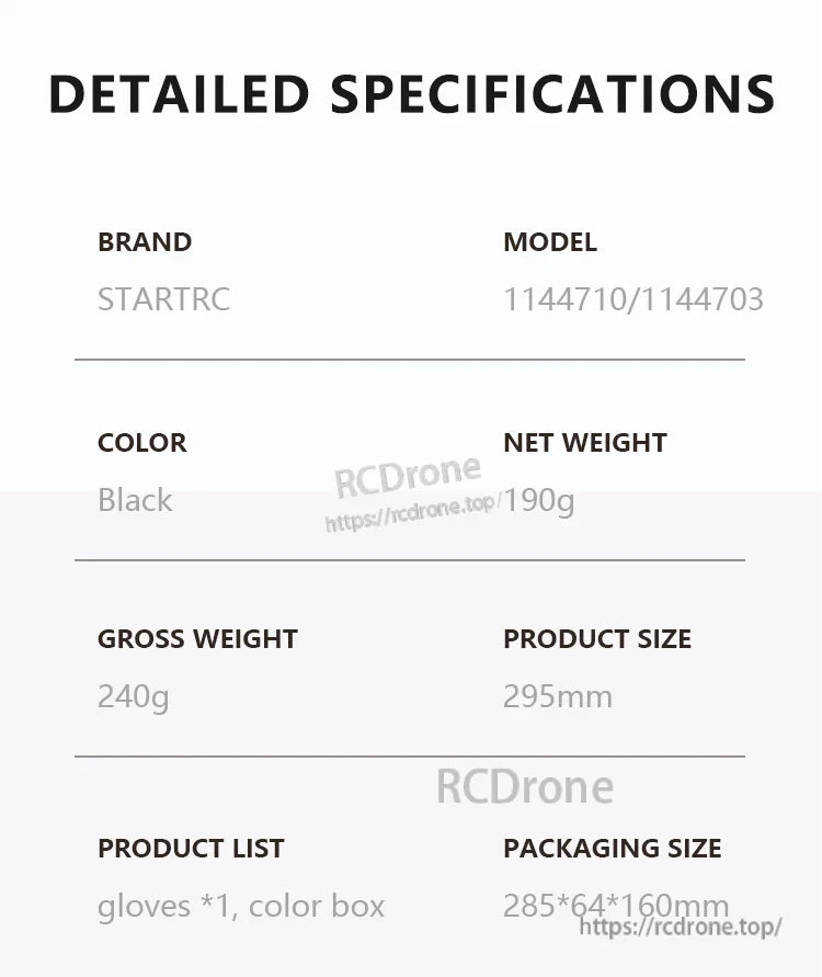 Startrc V2 Drone Pilot Gloves, Startrc V2 black drone pilot gloves, 190g net, 240g gross weight, size 295mm. Includes gloves and color box. Packaging: 285×64×160mm. Models: 1144710/1144703.