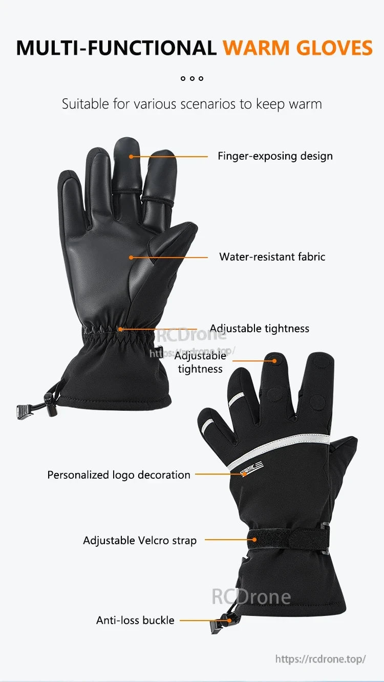 Startrc V2 Drone Pilot Gloves, Water-resistant warm gloves with finger-exposing design, adjustable fit, Velcro strap, and anti-loss buckle for comfort and convenience.