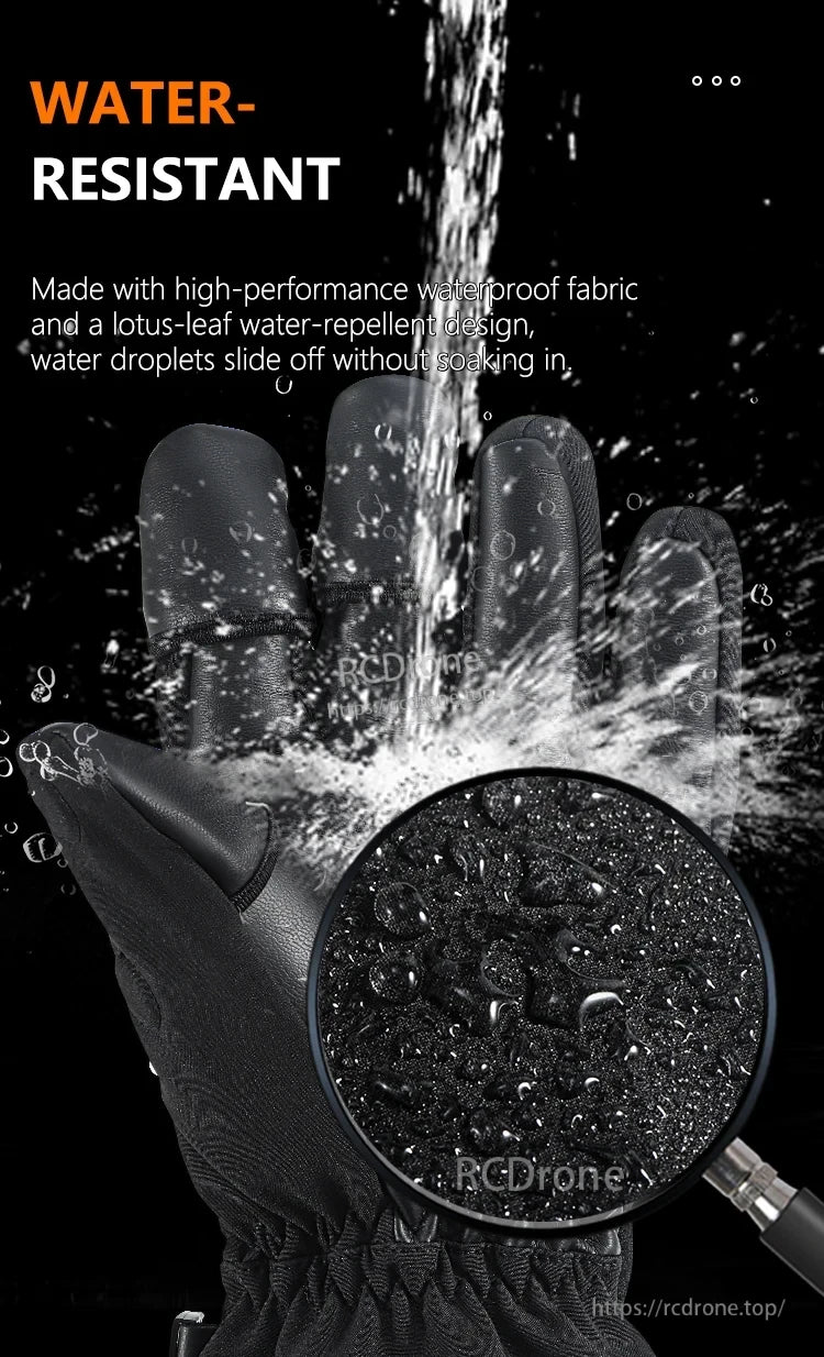 Startrc V2 Drone Pilot Gloves, Water-resistant gloves with waterproof fabric and lotus-leaf design repel water effectively.