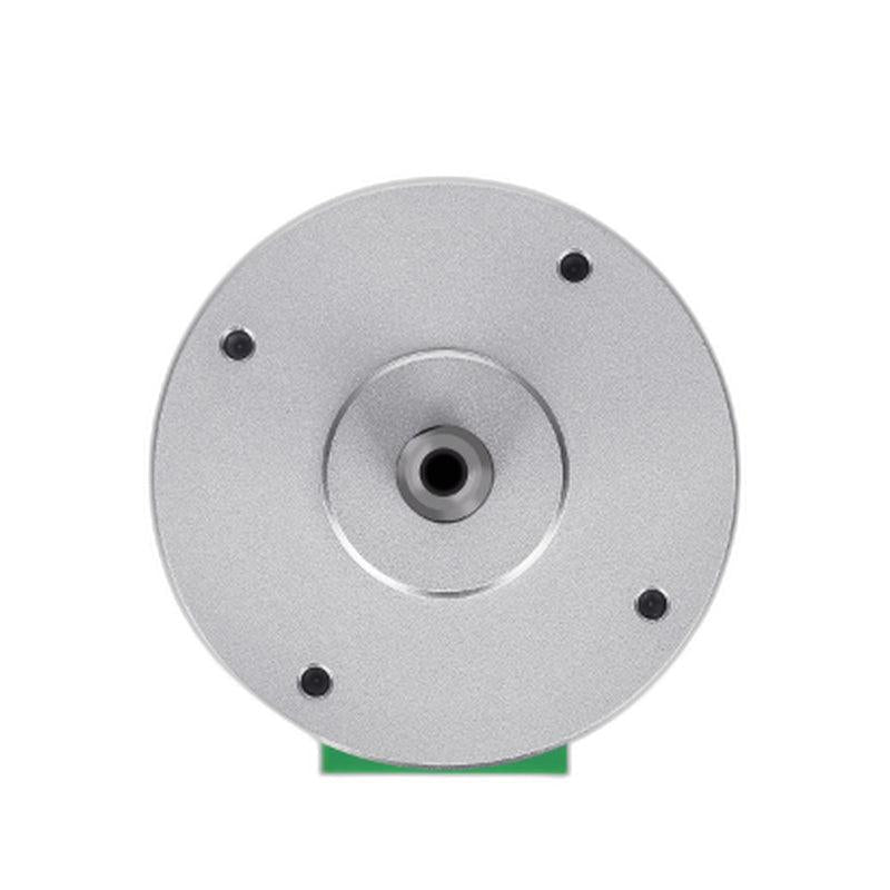 Top view of servo motor showing round mounting plate with four screws and centered shaft opening