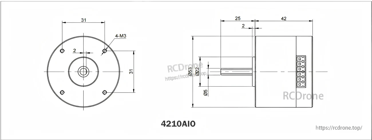 SteadyWin 4210AIO servo motor mechanical drawing with 4×M3 mounting holes and Ø5 shaft dimensions