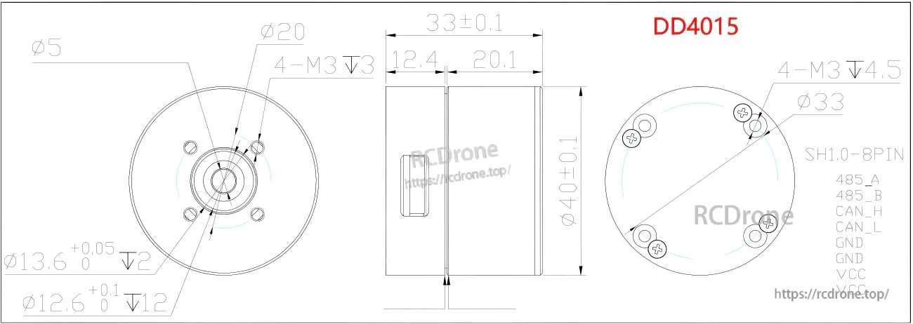 SteadyWin DD4015 motor installation drawing with Ø40 body, Ø5 shaft dimensions, and SH1.0 8-pin RS485/CAN pinout