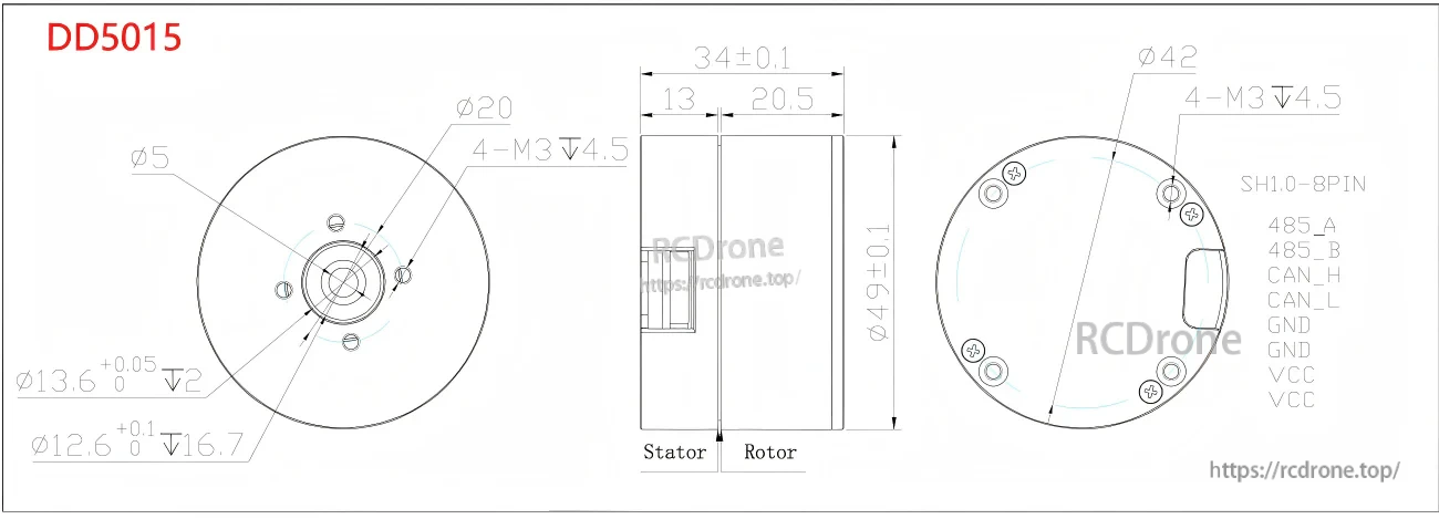 SteadyWin DD5015 motor dimensioned drawing with mounting hole pattern, diameters, length, and RS485/CAN pinout