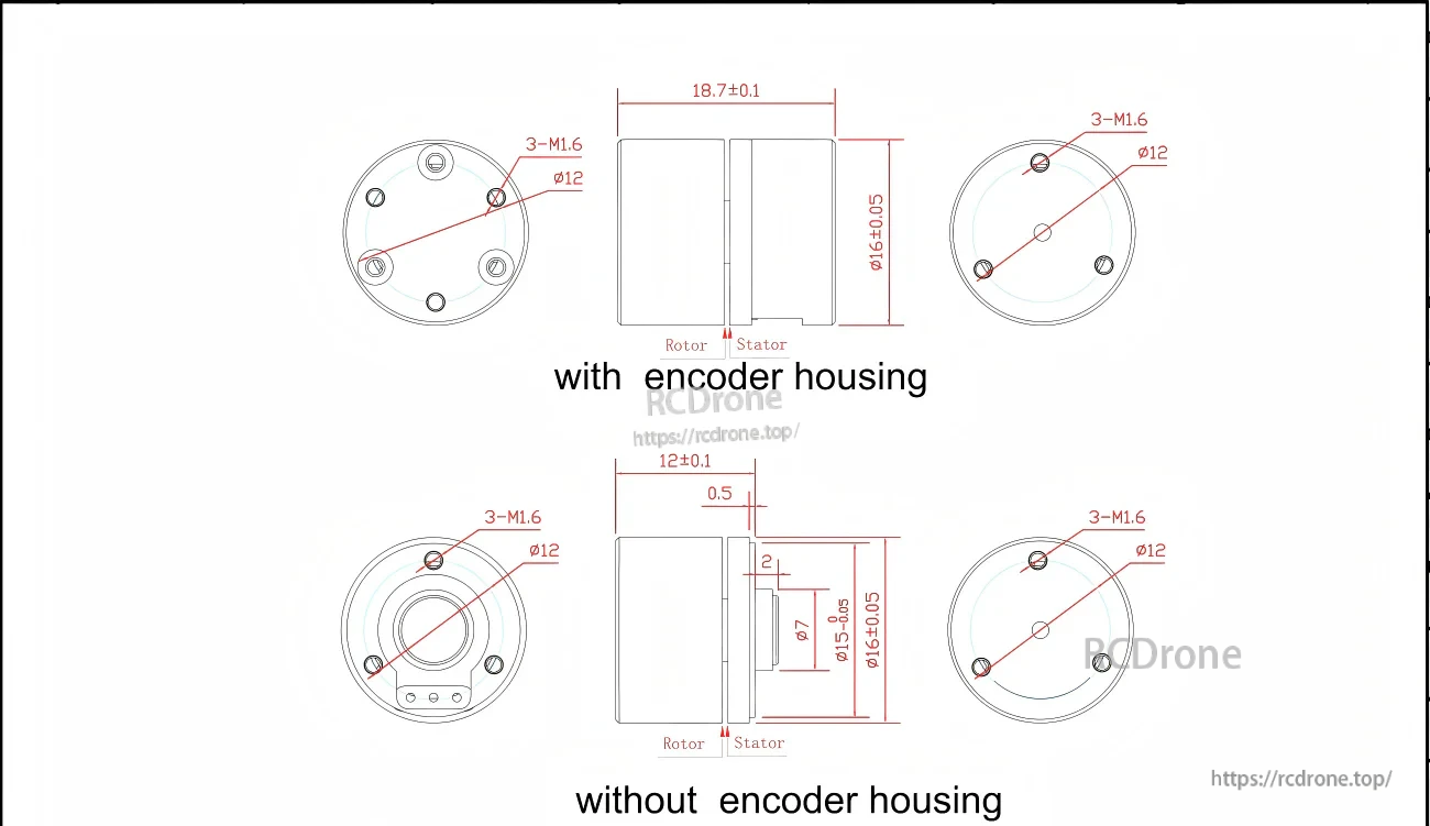 GB1105CH motor dimension drawing with and without encoder housing, including 3×M1.6 mounting on Ø12 pattern