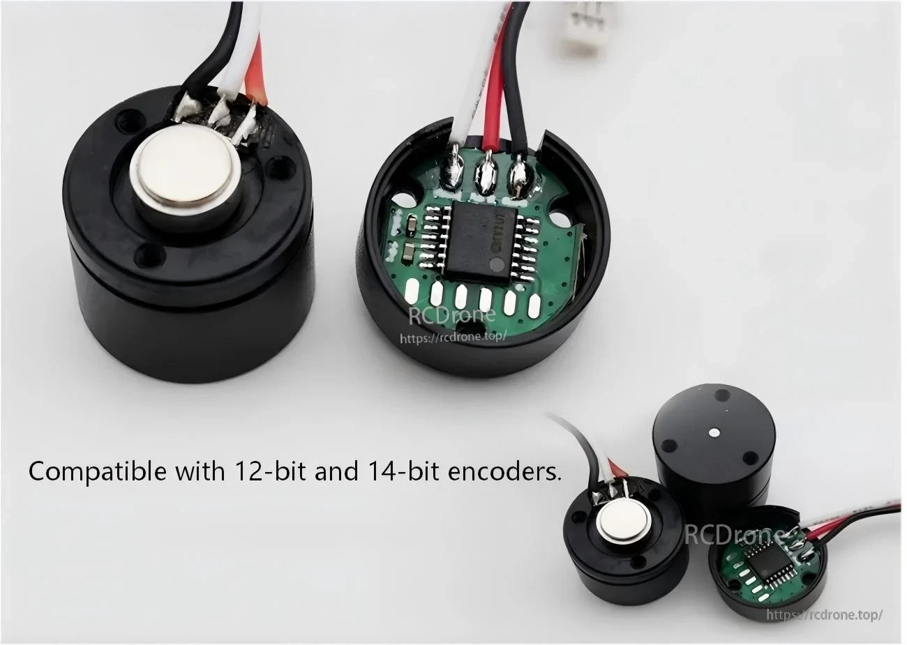 GB1105CH motor encoder close-up with AS5048A board and wiring, supporting 12-bit and 14-bit encoder resolution