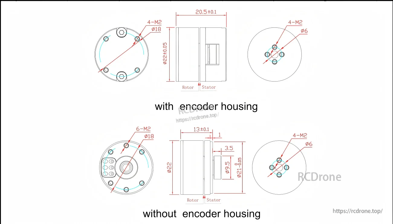 GB1806 mechanical dimensions and mounting hole patterns, with and without encoder housing (Ø22 body, M2 holes)