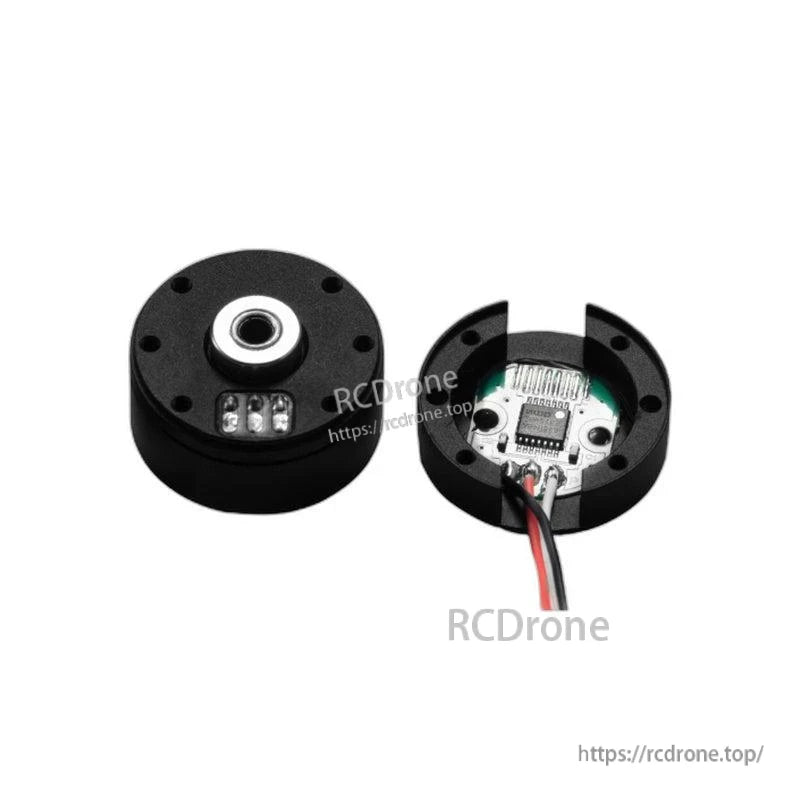 GB2205 motor opened to show internal encoder PCB and bearing end, wiring visible