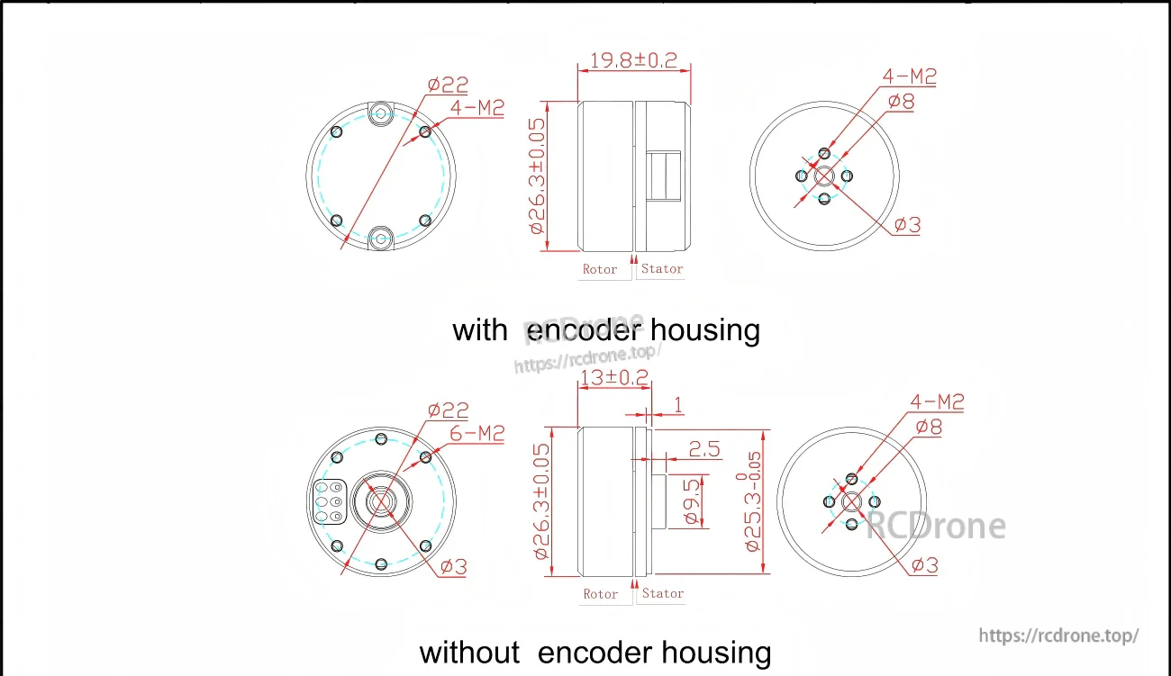 GB2205 motor mechanical dimensions and mounting pattern drawing, with and without encoder housing (Ø26.3 mm, M2 holes)